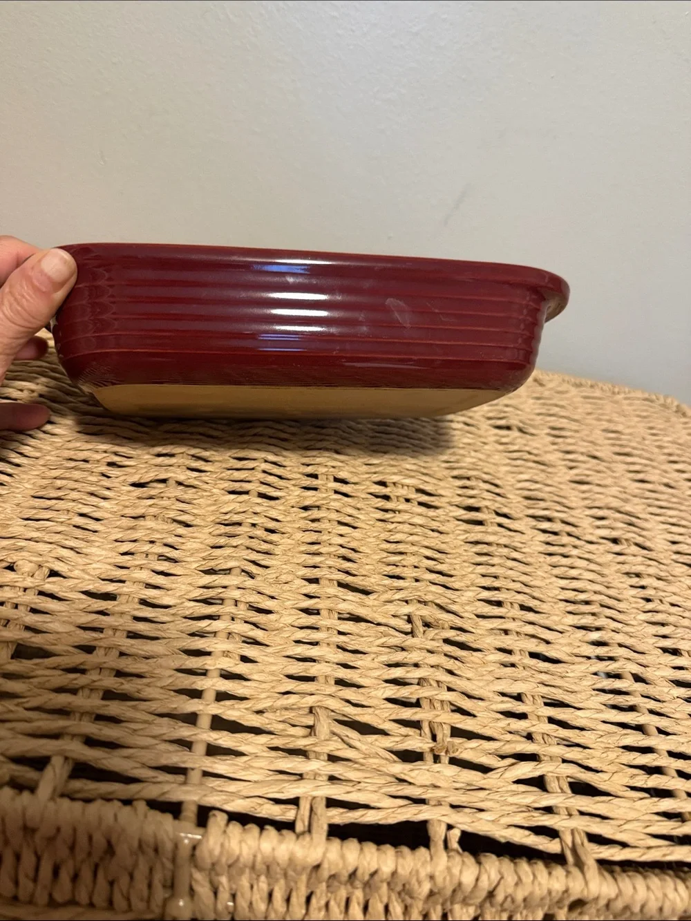 The Pampered Chef Rectangular Ceramic Baking Dish in Red and Cream